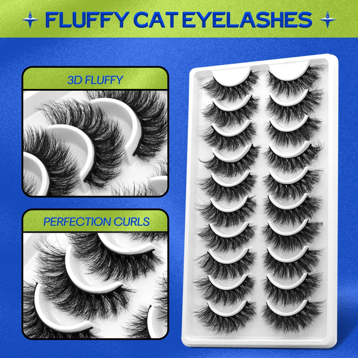 GROINNEYA 10 pairs Cat Eye Lashes Fluffy Faux Mink Lashes