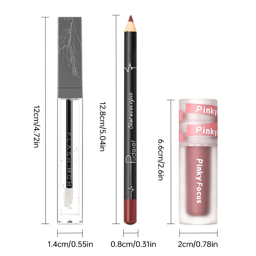 Glossy Lip Set, Shimmer Lip Gloss + Lip Oil + Lip Liner Nourishing