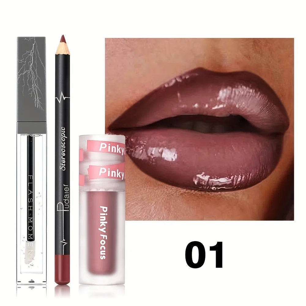 Glossy Lip Set, Shimmer Lip Gloss + Lip Oil + Lip Liner Nourishing