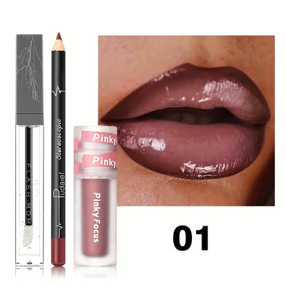 Glossy Lip Set, Shimmer Lip Gloss + Lip Oil + Lip Liner Nourishing
