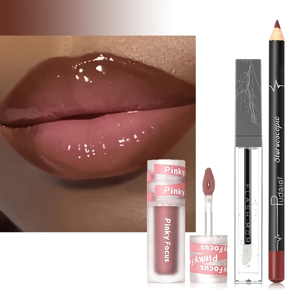 Glossy Lip Set, Shimmer Lip Gloss + Lip Oil + Lip Liner Nourishing